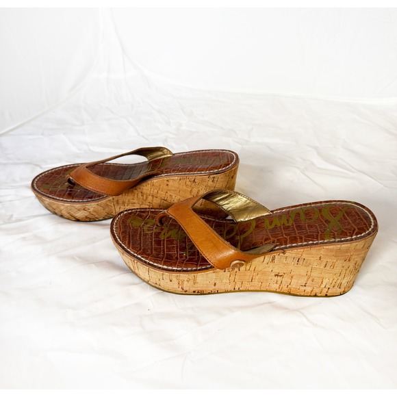 Sam Edelman Cognac Brown Crocodile Embossed Wedge Thong Sandals‎ Cork Size 7.5 - Picture 2 of 4